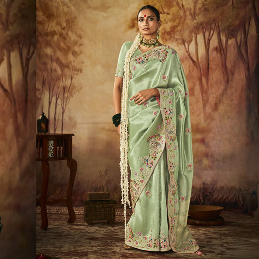 Light Green Zari Woven Multi Embroidery Wedding Kanjeevaram Silk Saree