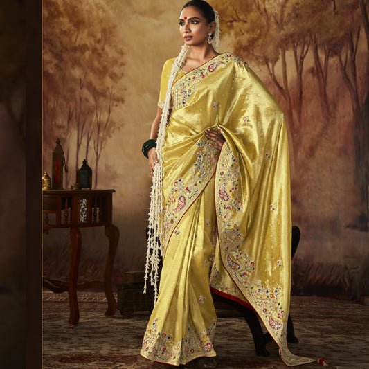 Golden Yellow Zari Woven Multi Embroidery Wedding Kanjivaram Silk Saree