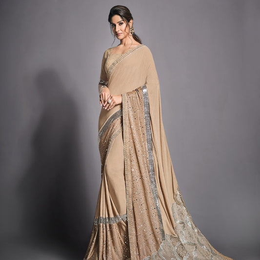 Beige Color Partywear Sequins Embroidered Net Saree