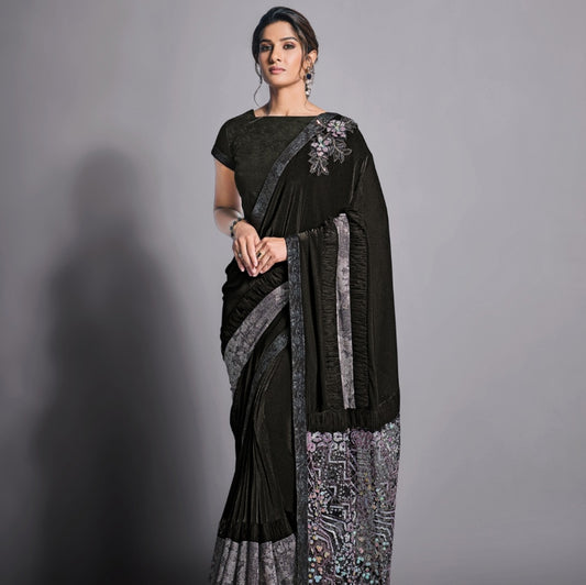 Black Color Partywear Sequins Embroidered Net Saree