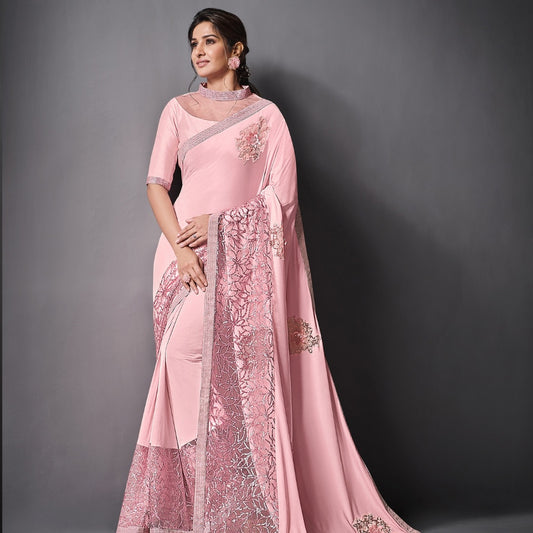 Pink Color Partywear Sequins Embroidered Net Saree