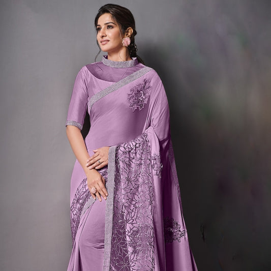 Purple Color Partywear Sequins Embroidered Net Saree