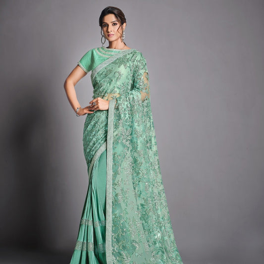 Aqua green Color Partywear Sequins Embroidered Net Saree