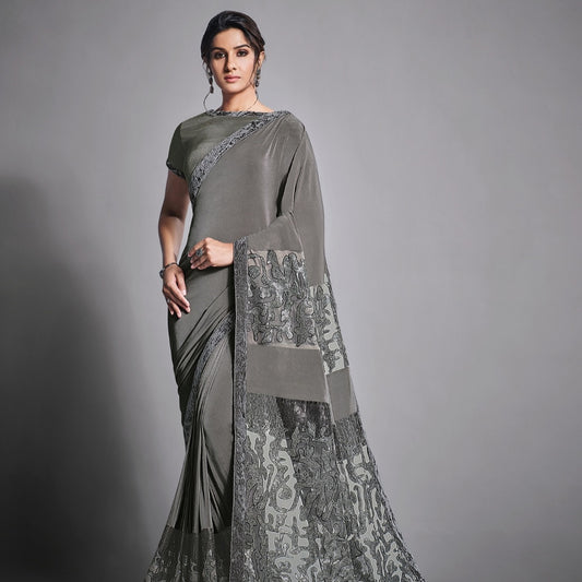 Grey Color Partywear Sequins Embroidered Net Saree
