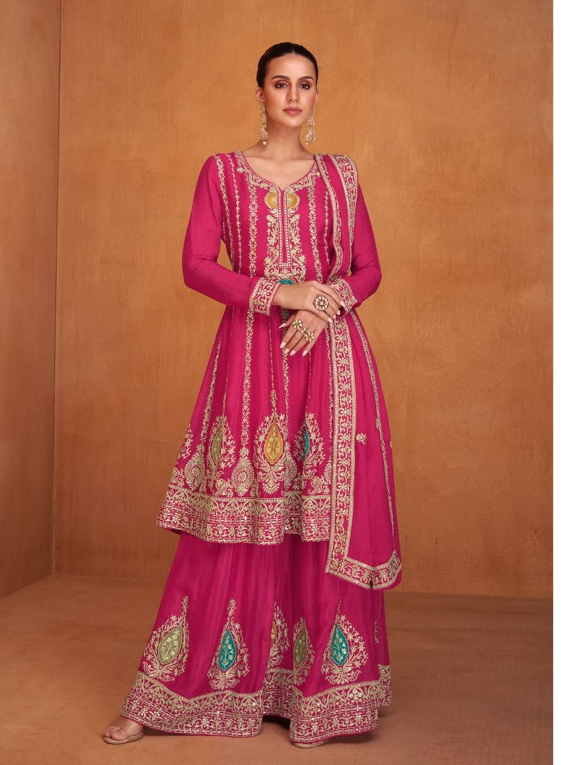 Pink Color Heavy Embroidered Wedding Wear Sharara Suit