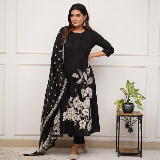 Black Cotton Naira Cut Suit And Kurti with Pant and Dupatta