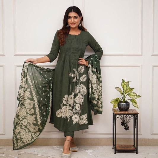 Green Cotton Naira Cut Suit And Kurti with Pant and Dupatta
