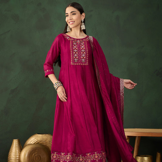 Pink Vichitra Silk Floral Embroidered Kurta with Trouser & Dupatta