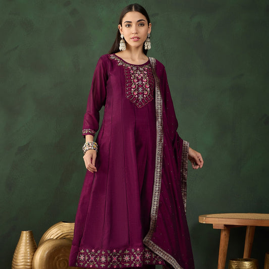 Magenta Vichitra Silk Floral Embroidered Kurta with Trouser & Dupatta