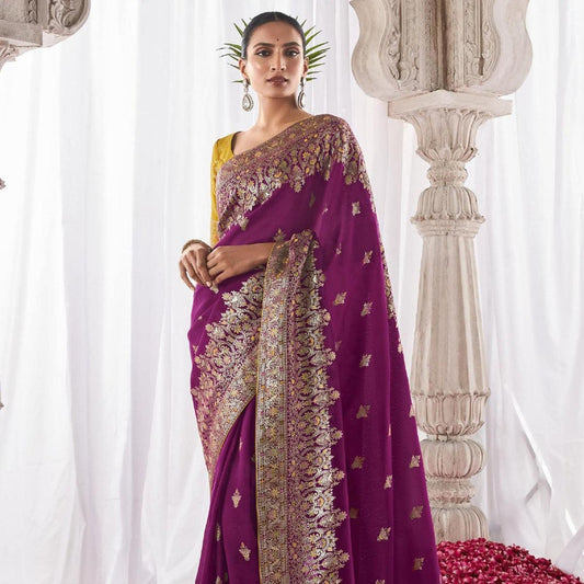 Purple Kora Silk Wedding Saree With Designer Minakari Pallu & Attached With Heavy Tassels