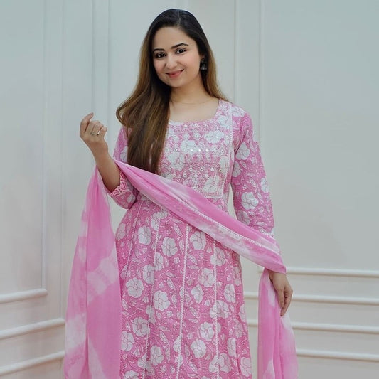 Light Pink Cotton Anarkali Kurti Pant With Dupatta Embroidery In Neckline