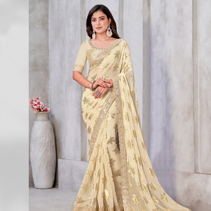 Cream Color Banarasi Silk Party Wear Saree