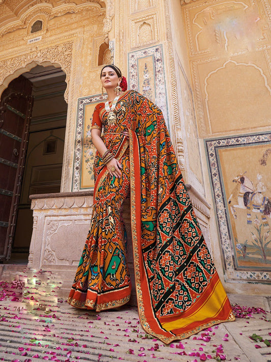 Multicolor Wedding Wear Patola Silk Saree With Gota Border Embroidery