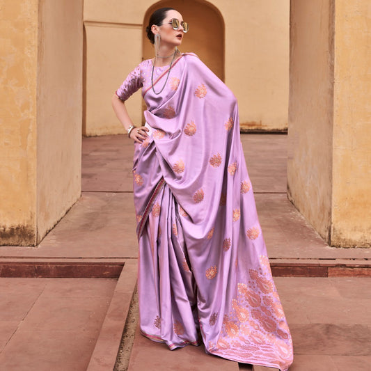 Violet Color Copper Zari Weaving Pure Satin Saree