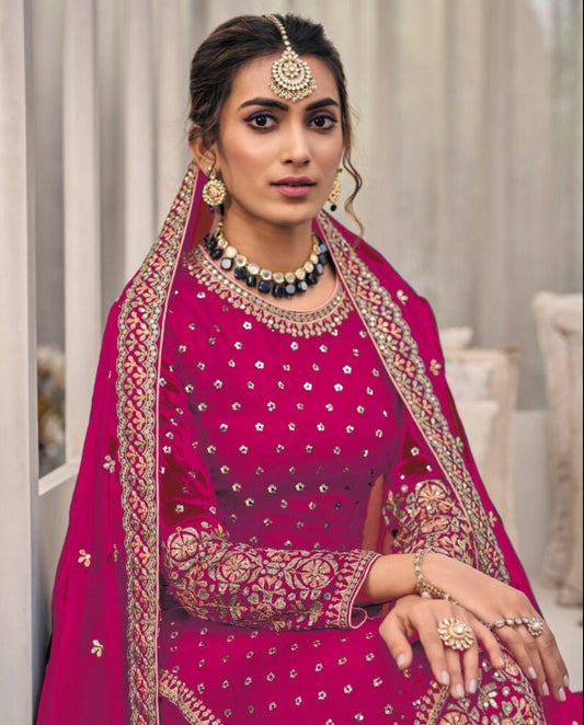Magenta Pink Embellished Embroidered Georgette Heavy Palazzo Suit