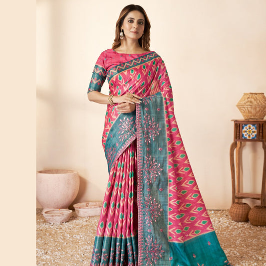Red and Blue Color Festive Wear Bhagalpuri Silk Saree with Moti Work