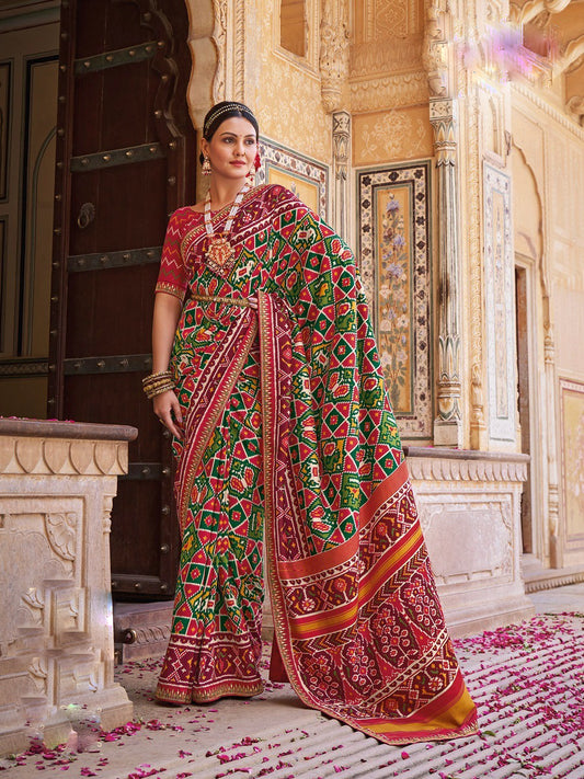 Green Red Wedding Wear Patola Silk Saree With Gota Border Embroidery