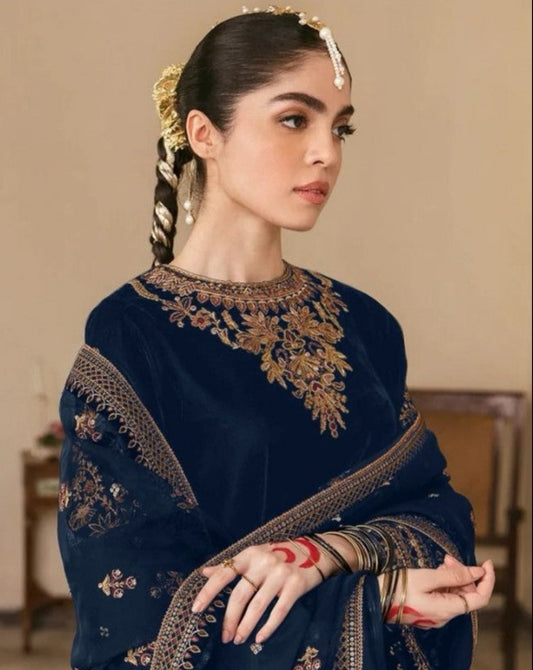 Blue Color Winter Collection Italian Embroidered Velvet Salwar Suit