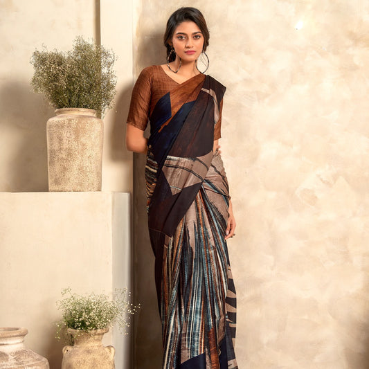 Blue and Brown Casual Wear Printed Satin Silk Saree