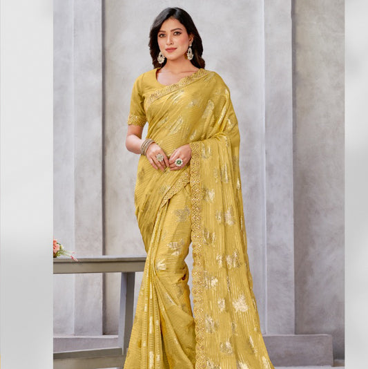 Devine Yellow Colour Wedding Saree With Embroidered Border and Mirror Work