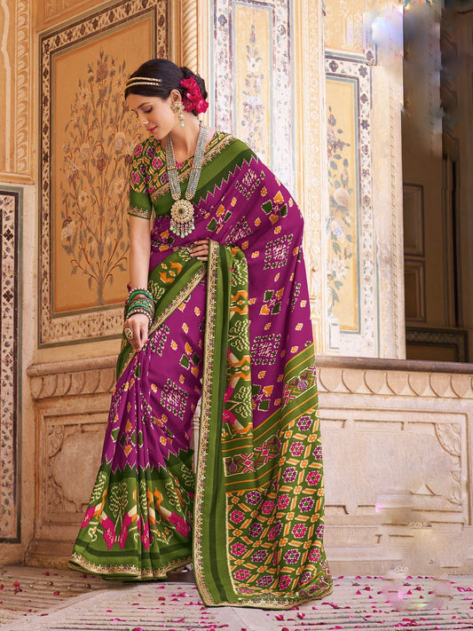 Magenta Pink Wedding Wear Patola Silk Saree With Gota Border Embroidery