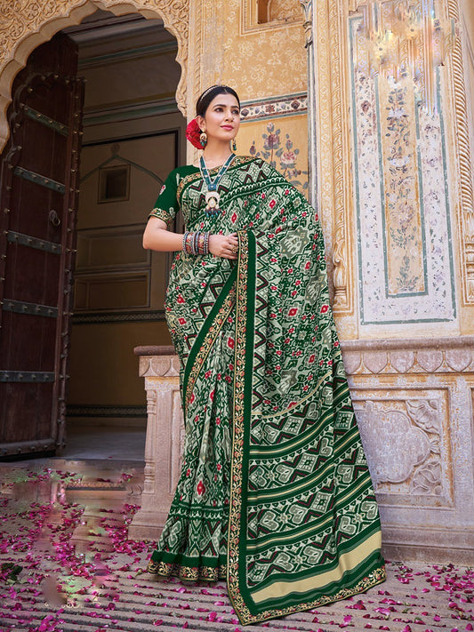 Green Wedding Wear Patola Silk Saree With Gota Border Embroidery