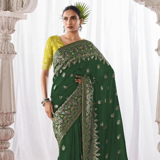 Green Kora Silk Wedding Saree With Designer Minakari Pallu & Attached With Heavy Tassels