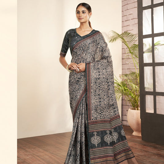 Black and Grey Color Paisley Print Saree with Hand Work Border