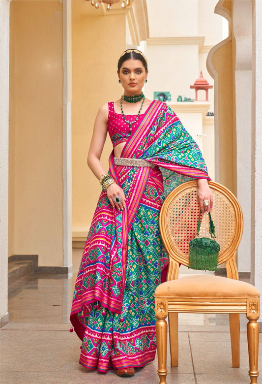 Multicolor Partywear Patola Silk Saree with Ikkat Design