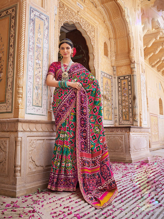 Purple Wedding Wear Patola Silk Saree With Gota Border Embroidery