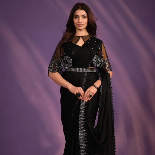 Black Crepe Satin Silk Embroidered Saree With Stitched Blouse