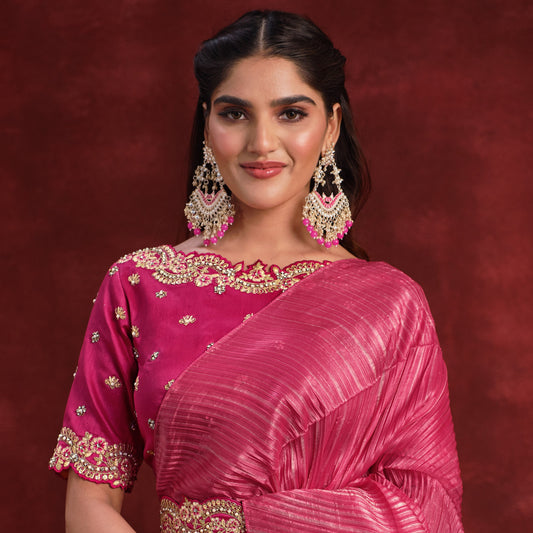 Party Wear Pink & Beige Sequins Stonework Embroidered Banarasi Crush Silk Designer Saree