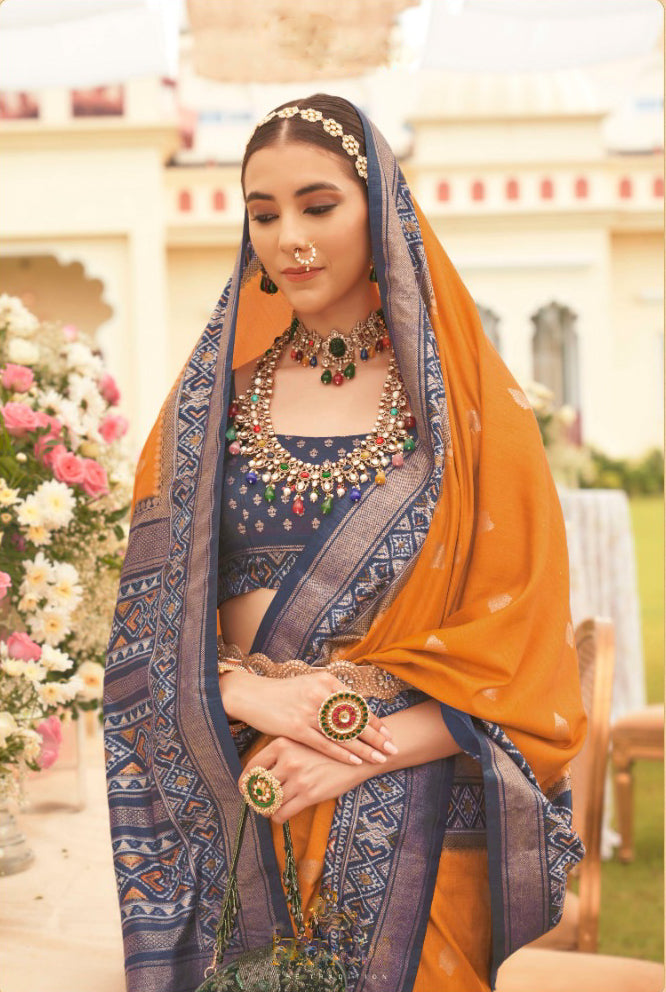 Orange Blue Festive Wear Patola Silk Saree With Kandora