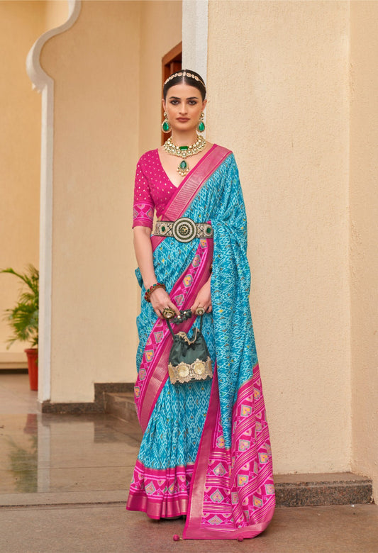 Blue Pink Partywear Patola Saree with Belt