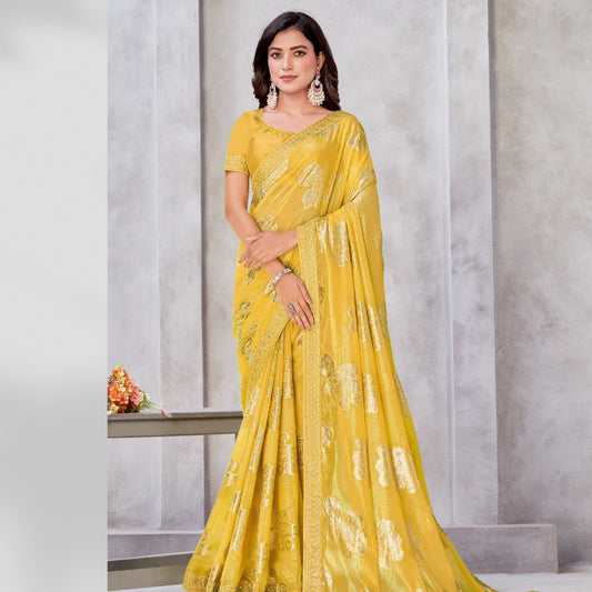 Yellow Color Wedding Saree with Scalloped Embroidered Border