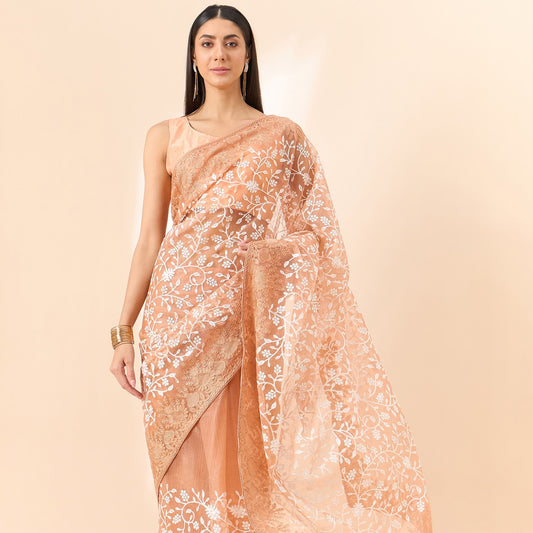 Peach Floral Embroidered Organza Fabric Saree With Unstitched Blouse