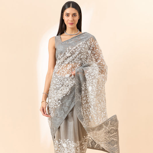 Grey Color Floral Embroidered Organza Fabric Saree With Unstitched Blouse
