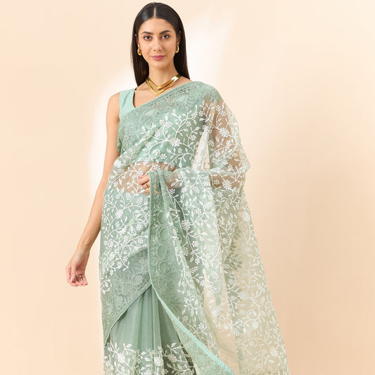 Green Color Floral Embroidered Organza Fabric Saree With Unstitched Blouse