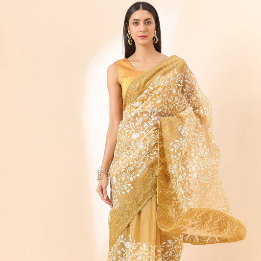 Beige Color Floral Embroidered Organza Fabric Saree With Unstitched Blouse