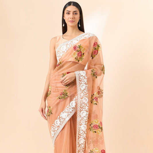 Peach Floral Embroidered Organza Fabric Saree With Unstitched Blouse Piece