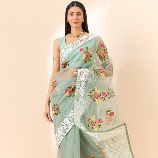 Green Floral Embroidered Organza Fabric Saree With Unstitched Blouse Piece