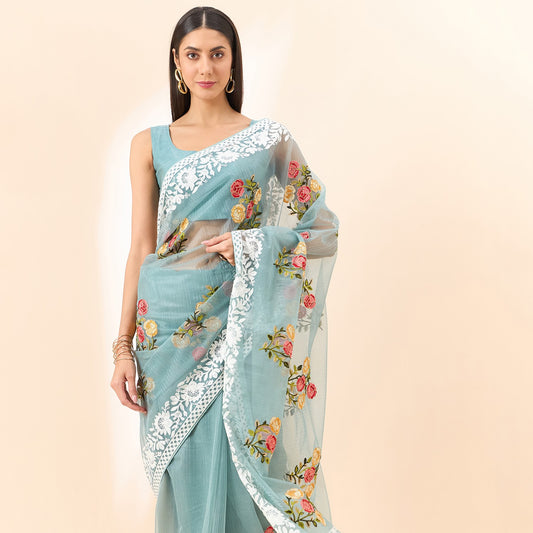 Blue Floral Embroidered Organza Fabric Saree With Unstitched Blouse Piece