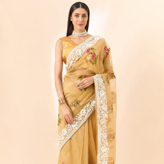 Yellow Floral Embroidered Organza Fabric Saree With Unstitched Blouse Piece