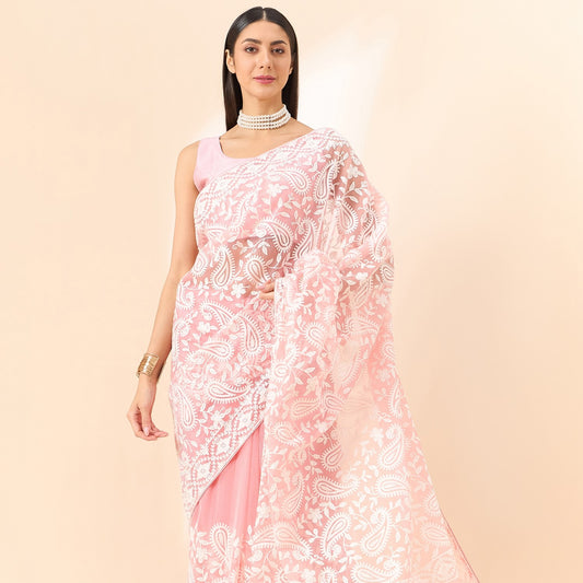 Pink Paisely Work Embroidered Organza Fabric Saree With Unstitched Blouse Piece