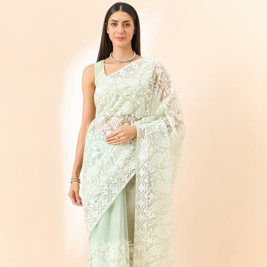 Green Paisely Work Organza Fabric Saree With Unstitched Blouse Piece