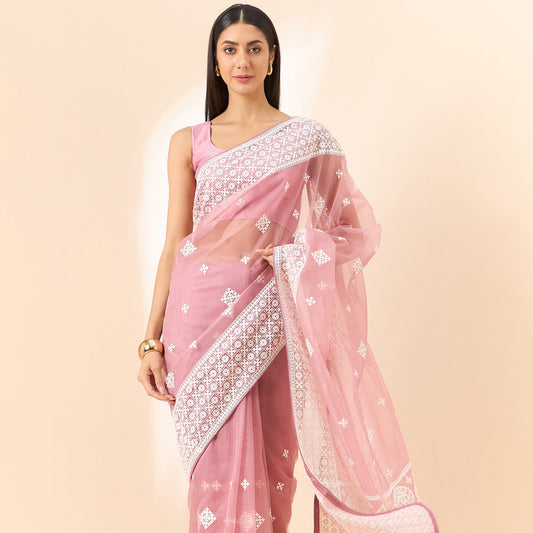 Pink Thread Embroidered Organza Sarees For Wedding