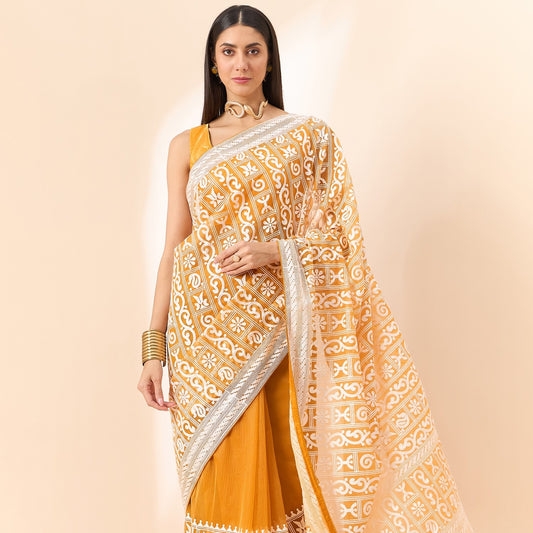 Mustard Abstract Embroidered Organza Fabric Saree For Wedding