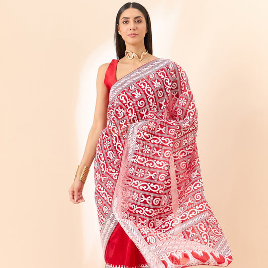 Red Abstract Embroidered Organza Fabric Saree For Wedding
