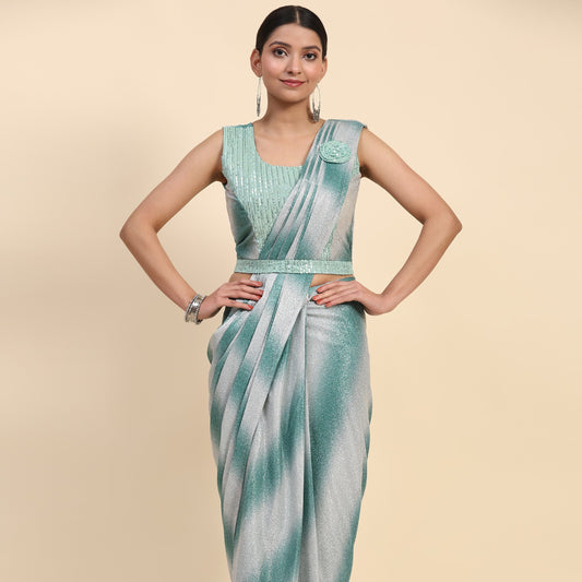 Green And Grey Pre-Draped Saree Function Style Indian Designer Ready To Wear Fancy Saree