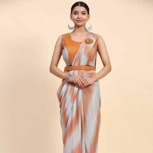 Yellow And Grey Pre-Draped Saree Function Style Indian Designer Ready To Wear Fancy Saree